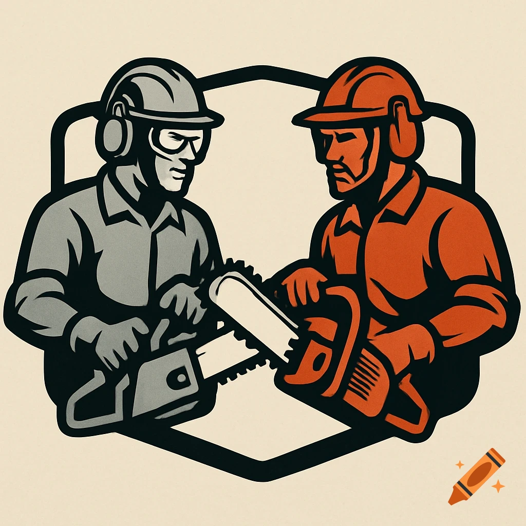 Stylized logo of two workers holding chainsaws