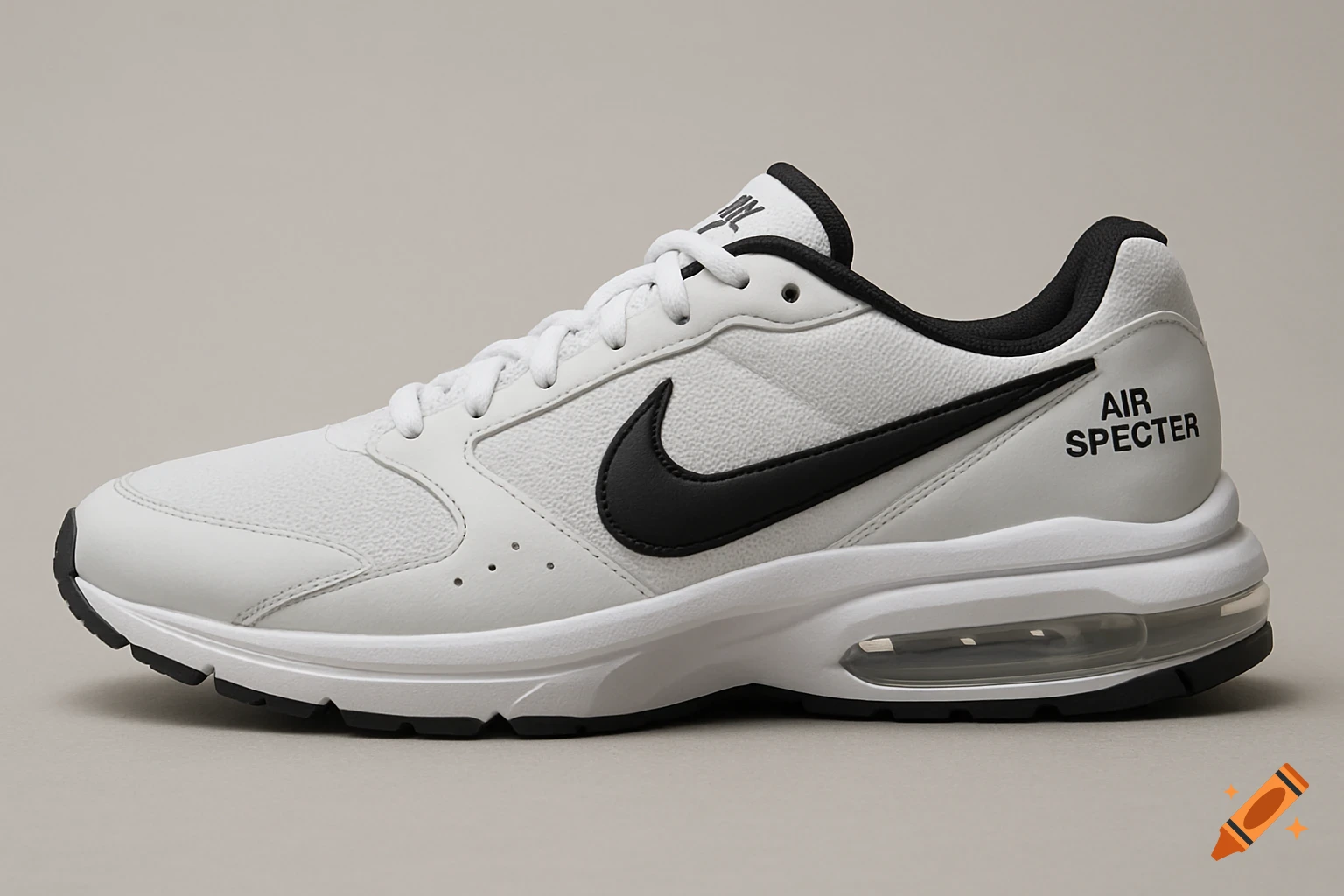 A white sneaker with a black swoosh logo and visible air unit.