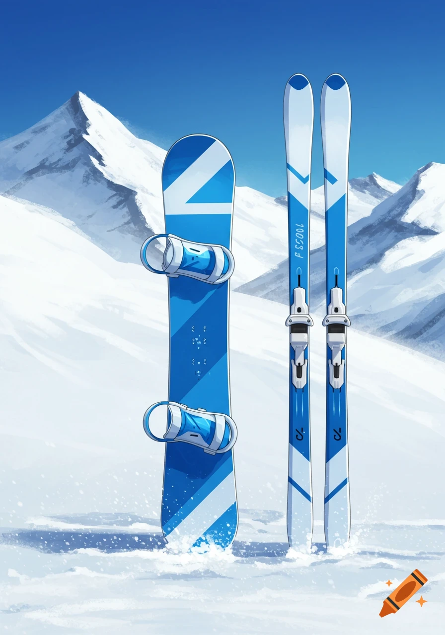 A snowboard and a pair of skis standing in the snow with mountains in the background.