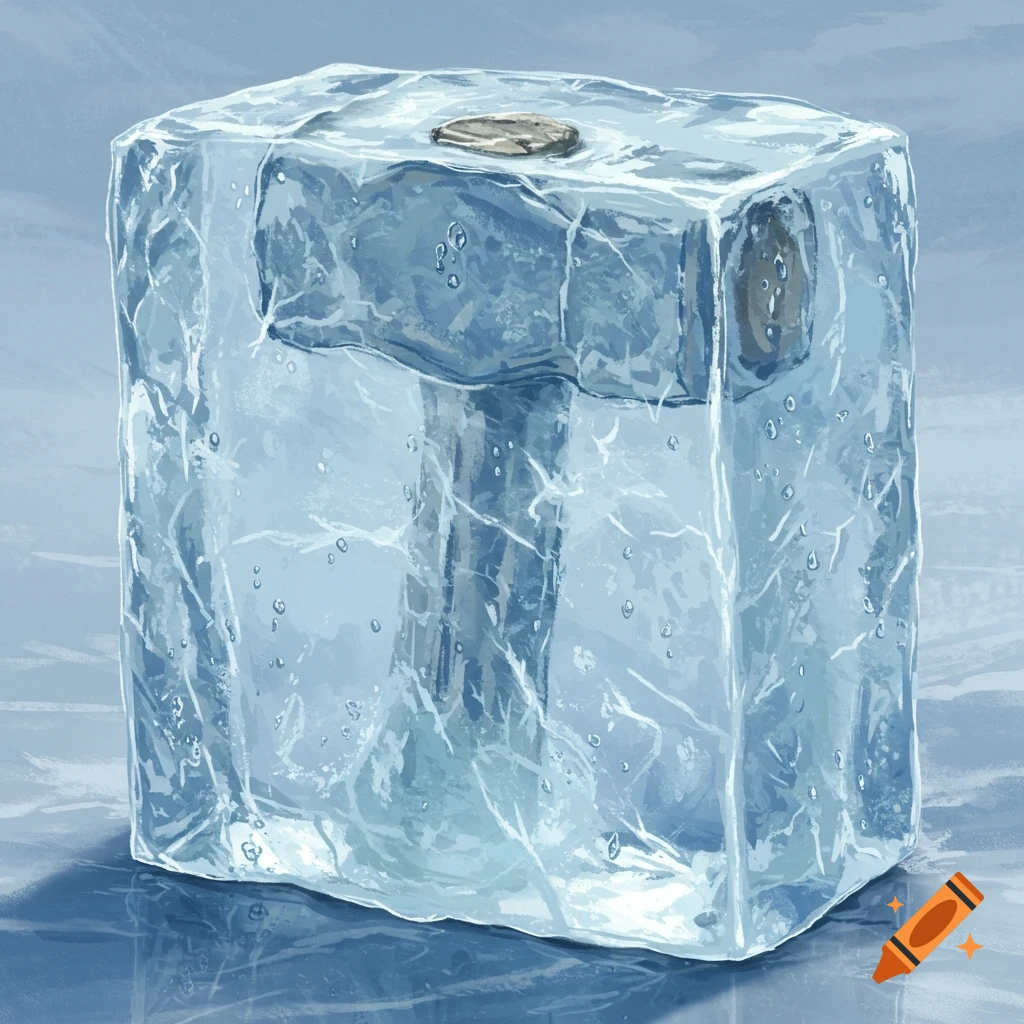 A hammer frozen in a block of ice.