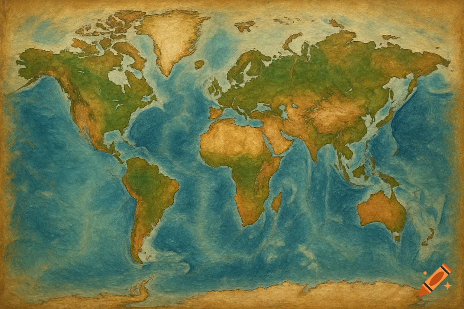 Vintage style world map with textured watercolor look.