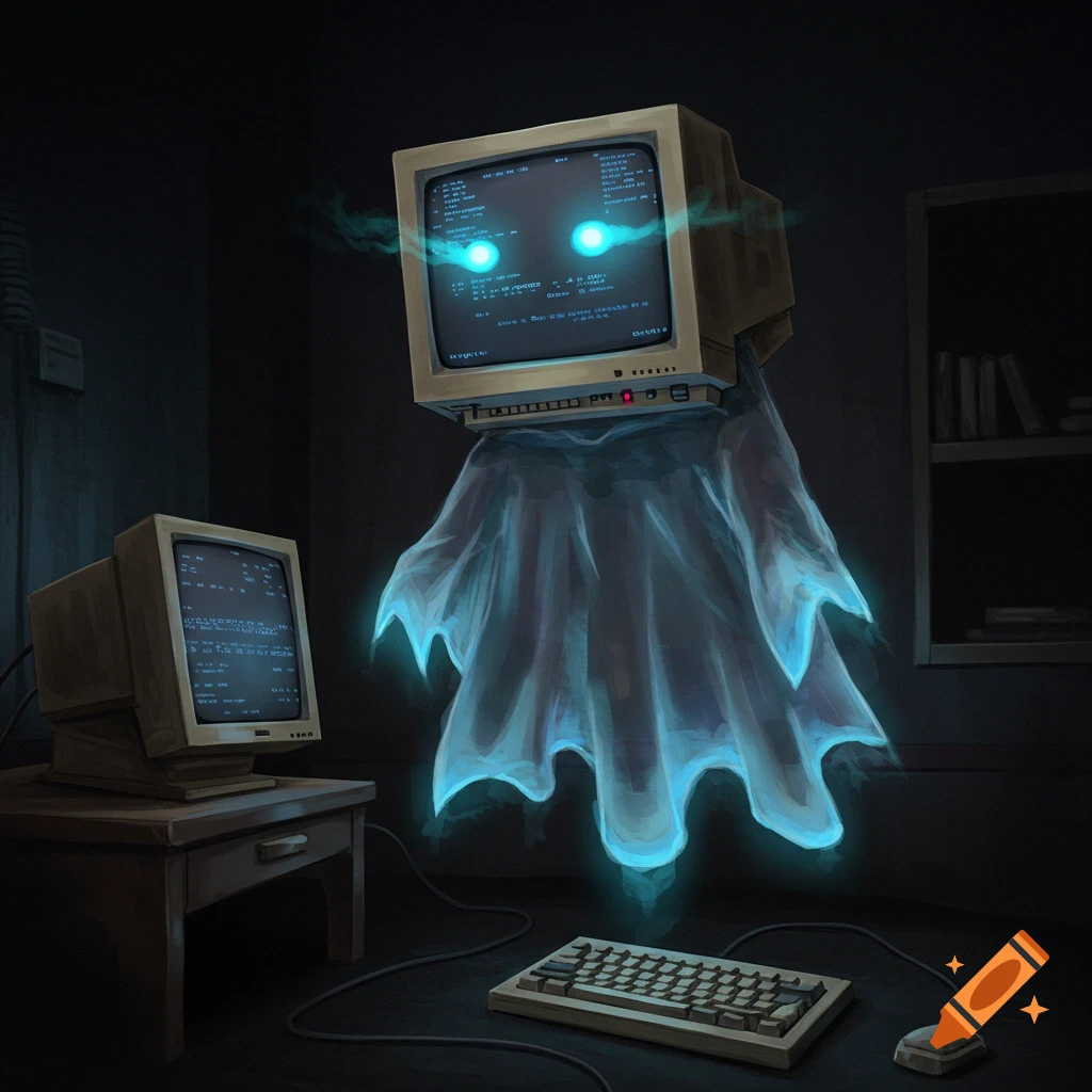 A ghost with a computer monitor for a head floats in a dark room with vintage computers.
