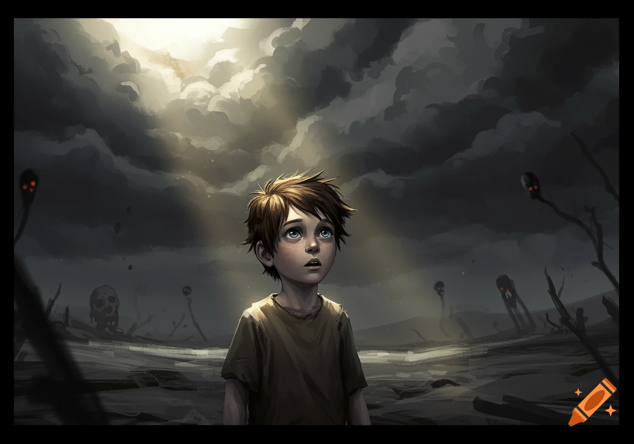 A boy looks up at sun rays breaking through dark clouds in a bleak landscape with strange figures.