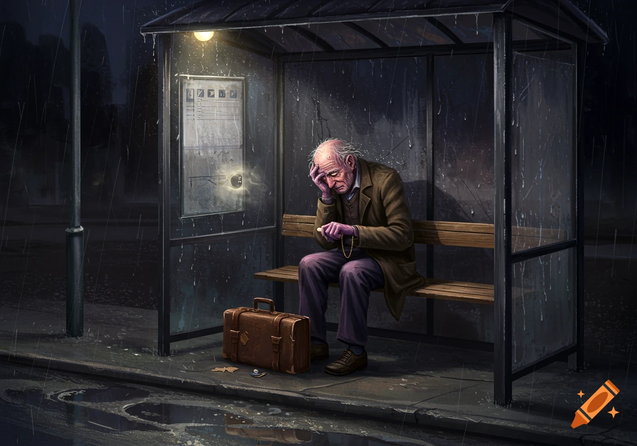 An old man sits sadly in a rainy bus shelter at night, holding a chain.