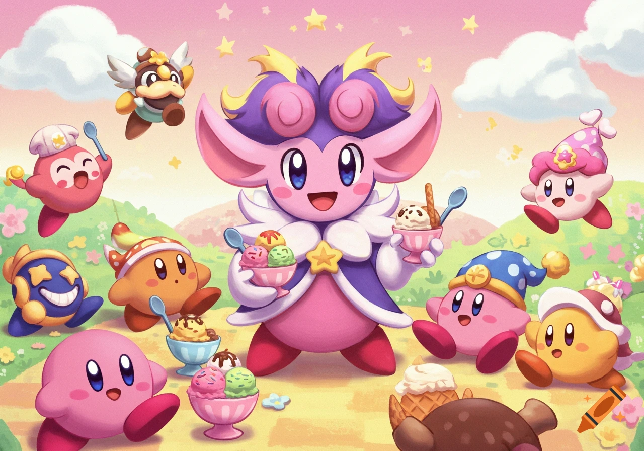A group of cute, pink Kirby characters and Elfilin are happily eating ice cream outdoors in a colorful illustration.