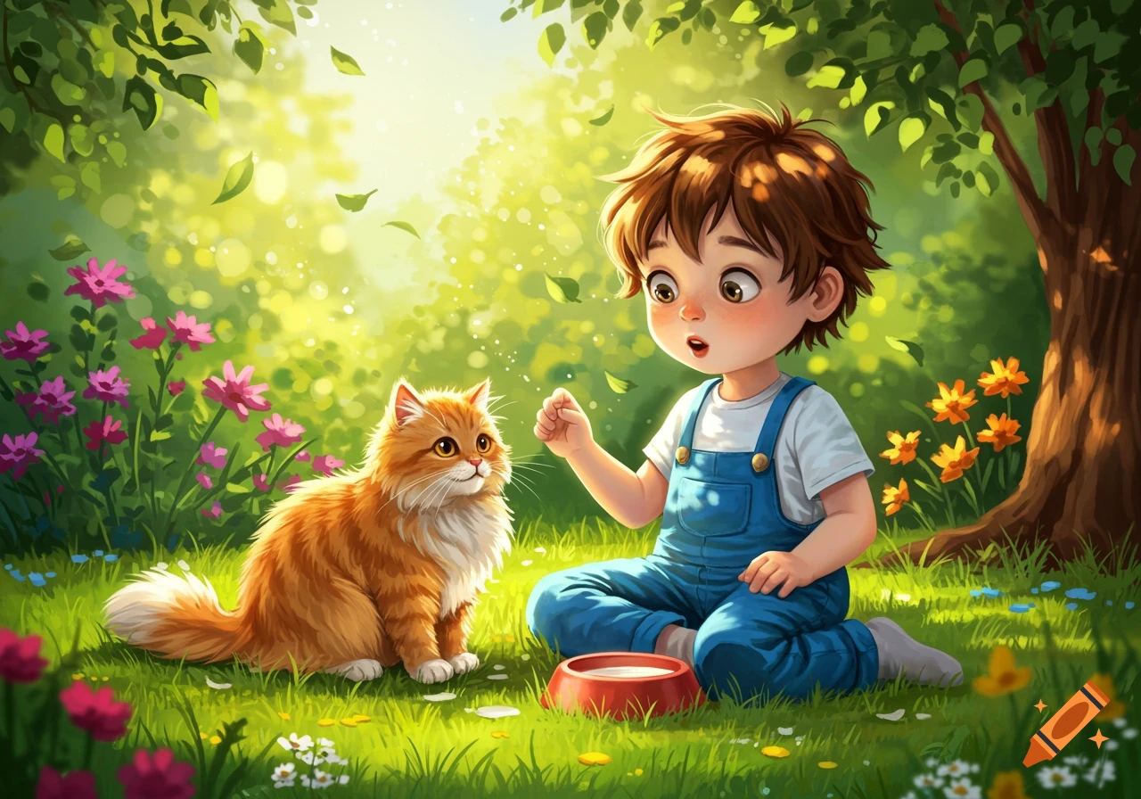 Cartoon illustration of a boy feeding a cat in a sunny garden.