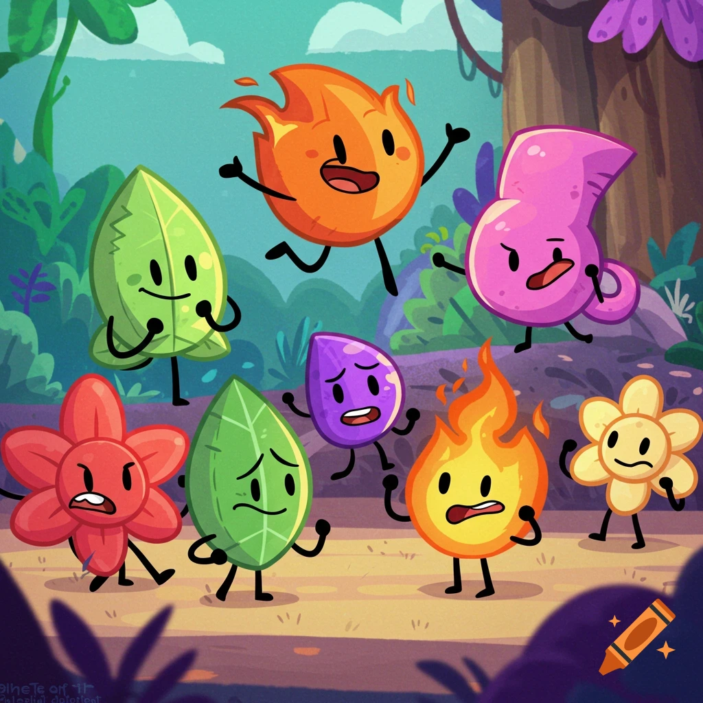 Cartoon characters resembling BFDI objects in a forest setting