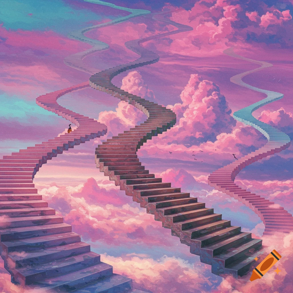Multiple winding stairs rise into a dreamy pink and blue sky filled with clouds.