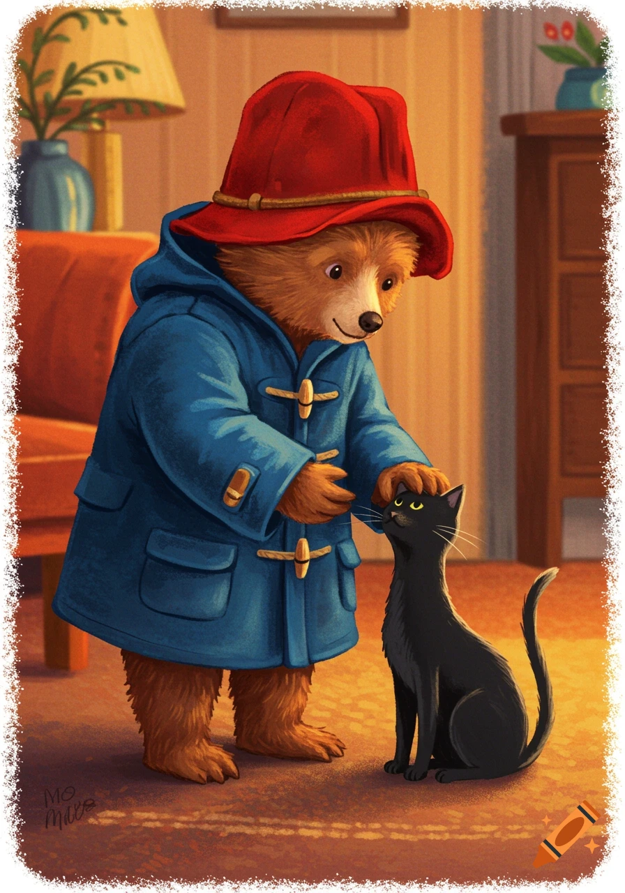 Paddington Bear in his blue coat and red hat pets a black cat sitting on a rug in a cozy room.