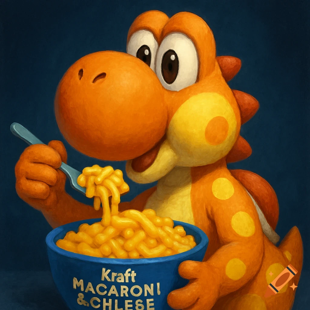 Orange Yoshi eating mac and cheese from a blue bowl with a fork, painterly style.