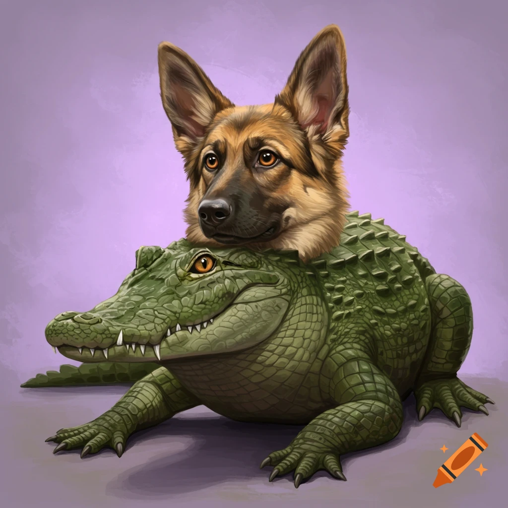 Illustration of a creature with a German Shepherd head and an alligator body on a purple background.
