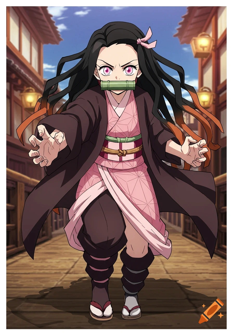 Anime character with bamboo muzzle, kimono, and cloak reaches forward on a wooden walkway.