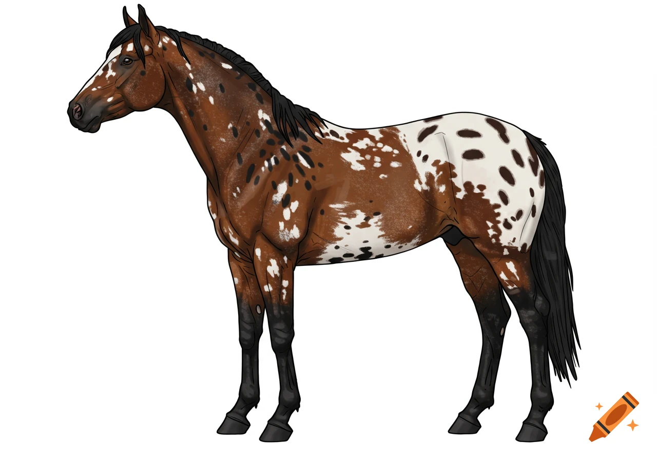A brown and white spotted Appaloosa horse in a clipart style, standing in profile.