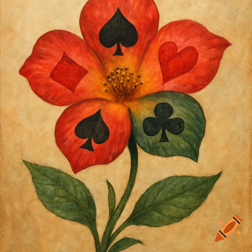 A painting of a red and green flower with playing card symbols (spade, heart, diamond, club) on its petals and leaf.