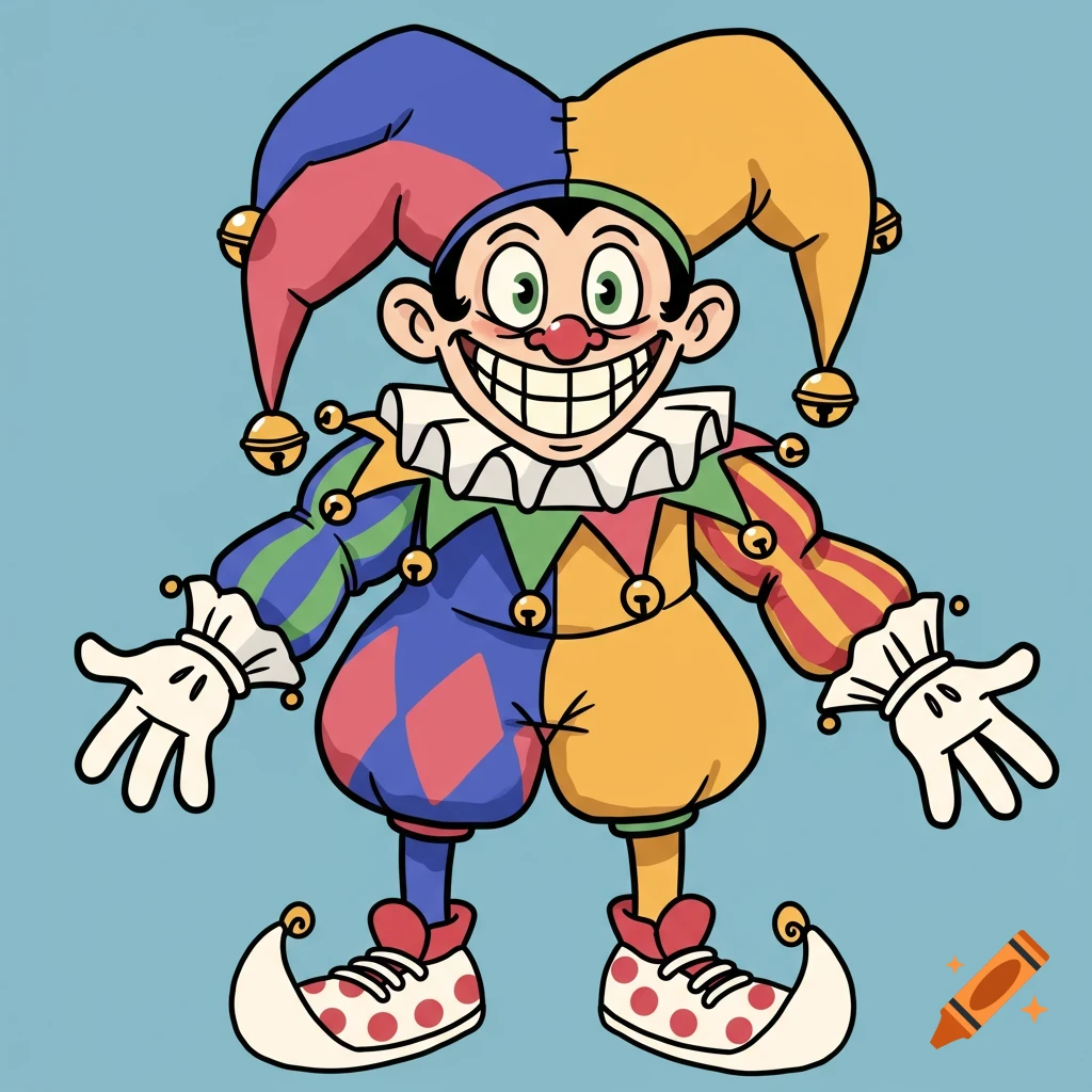 A colorful cartoon jester with a big smile, big eyes, and polka dot shoes.