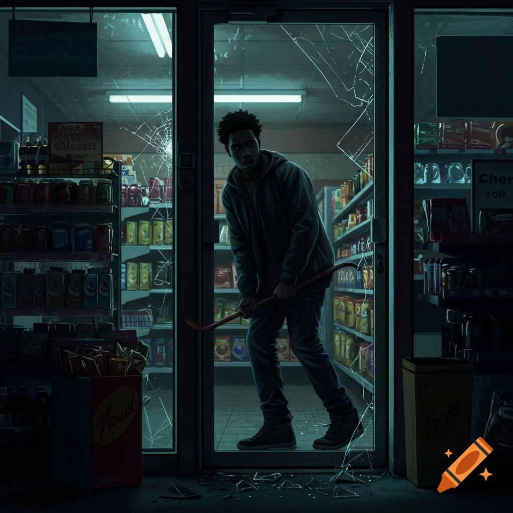 Person breaking into a dark convenience store at night holding a crowbar.
