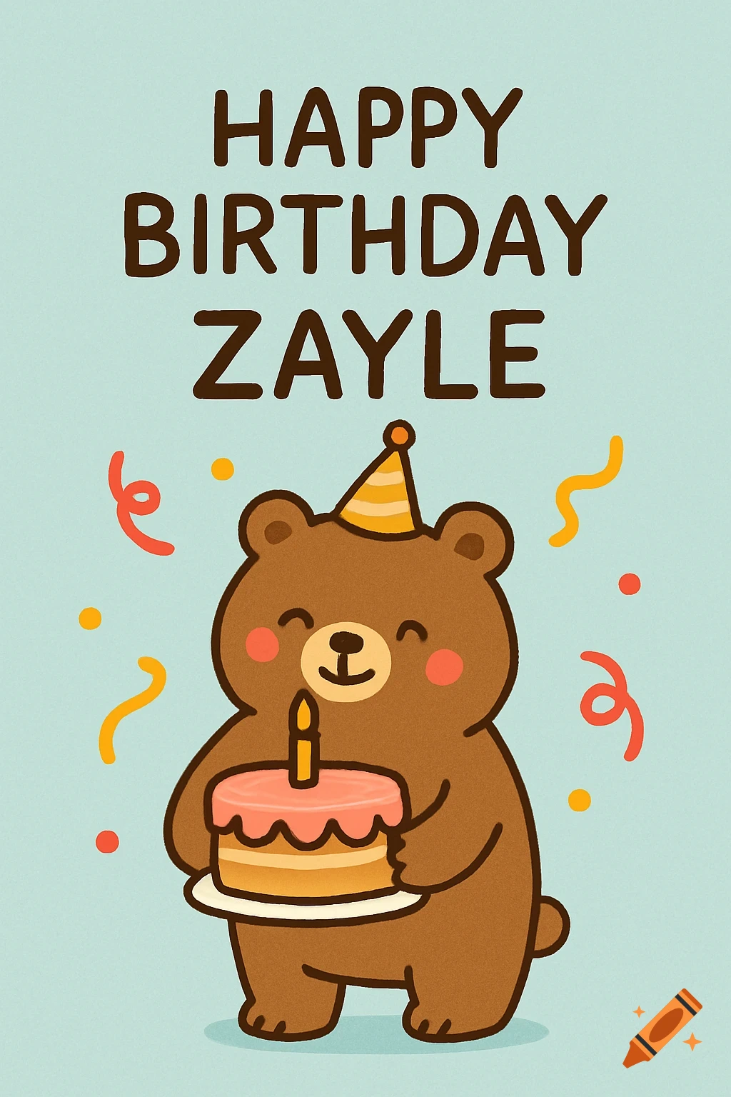 Cartoon bear holding a birthday cake with text 'Happy Birthday Zayle' and confetti.