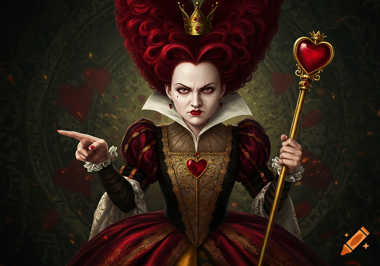 Queen of Hearts from Alice in Wonderland pointing, wearing a red and gold dress and crown, holding a staff.