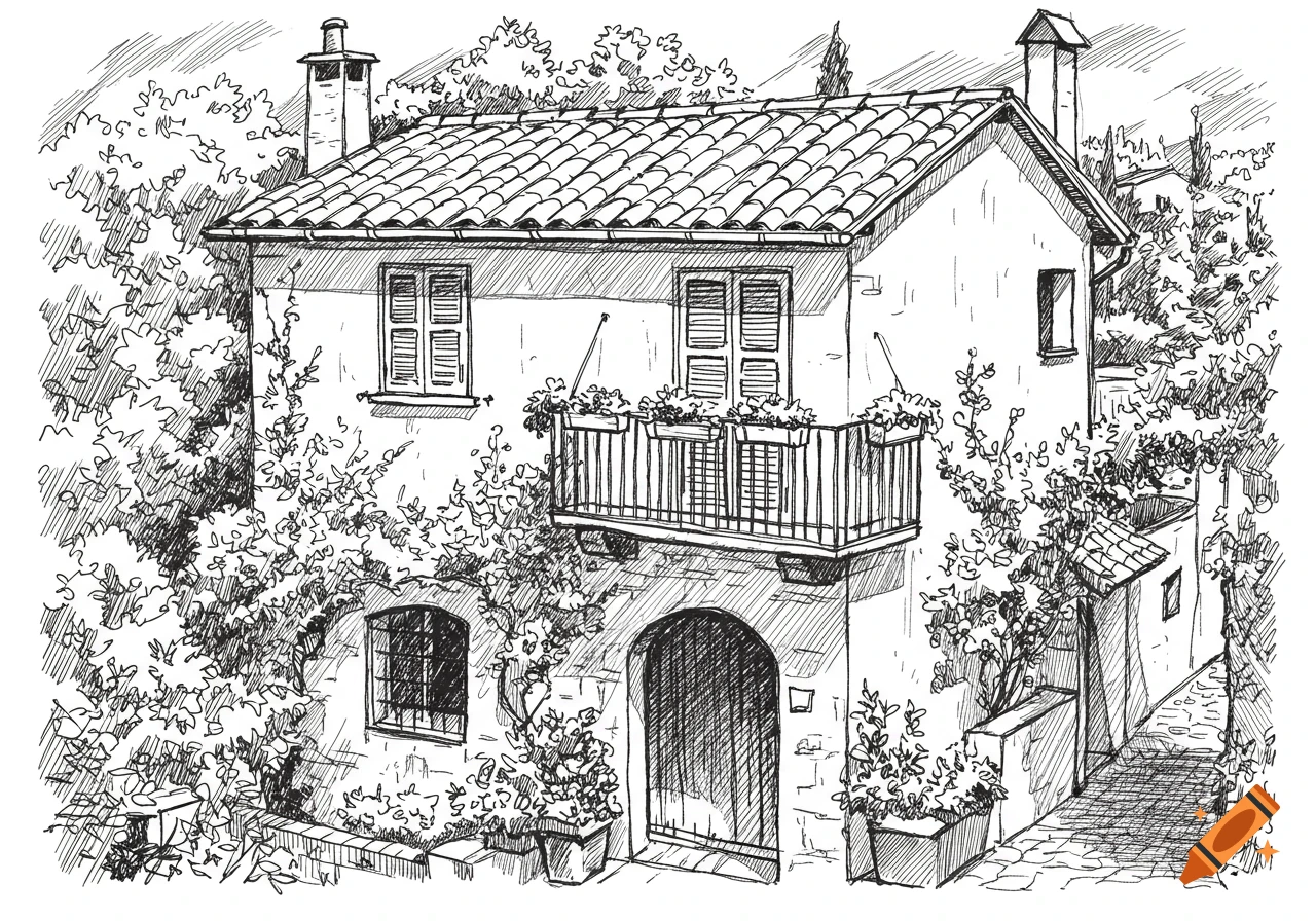 Black and white sketch of an Italian house.