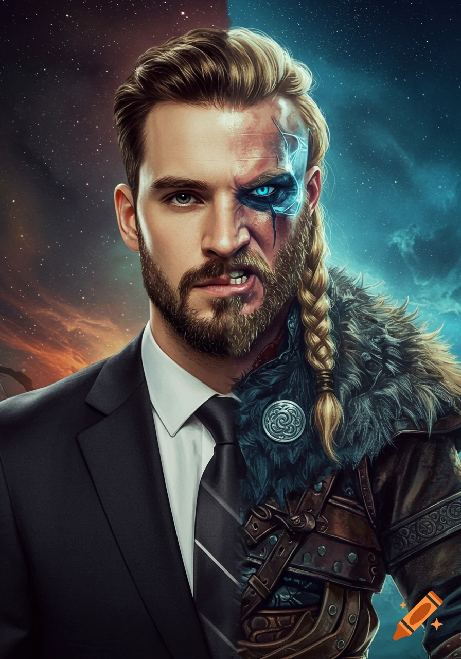 Portrait of a man split into a modern business person and a Viking, against a cosmic background.