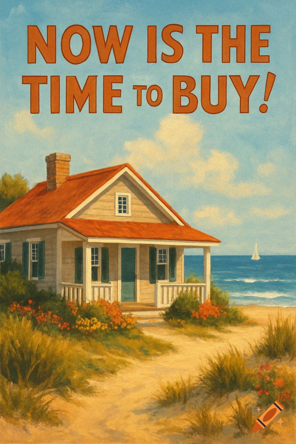 Painting of a beach house with the text 'Now is the Time to Buy!'