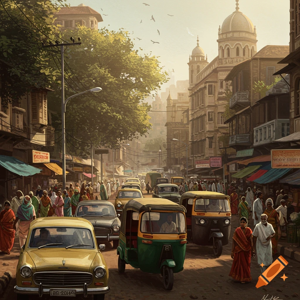 Busy street scene in an Indian city with cars, auto-rickshaws, pedestrians, and traditional buildings.