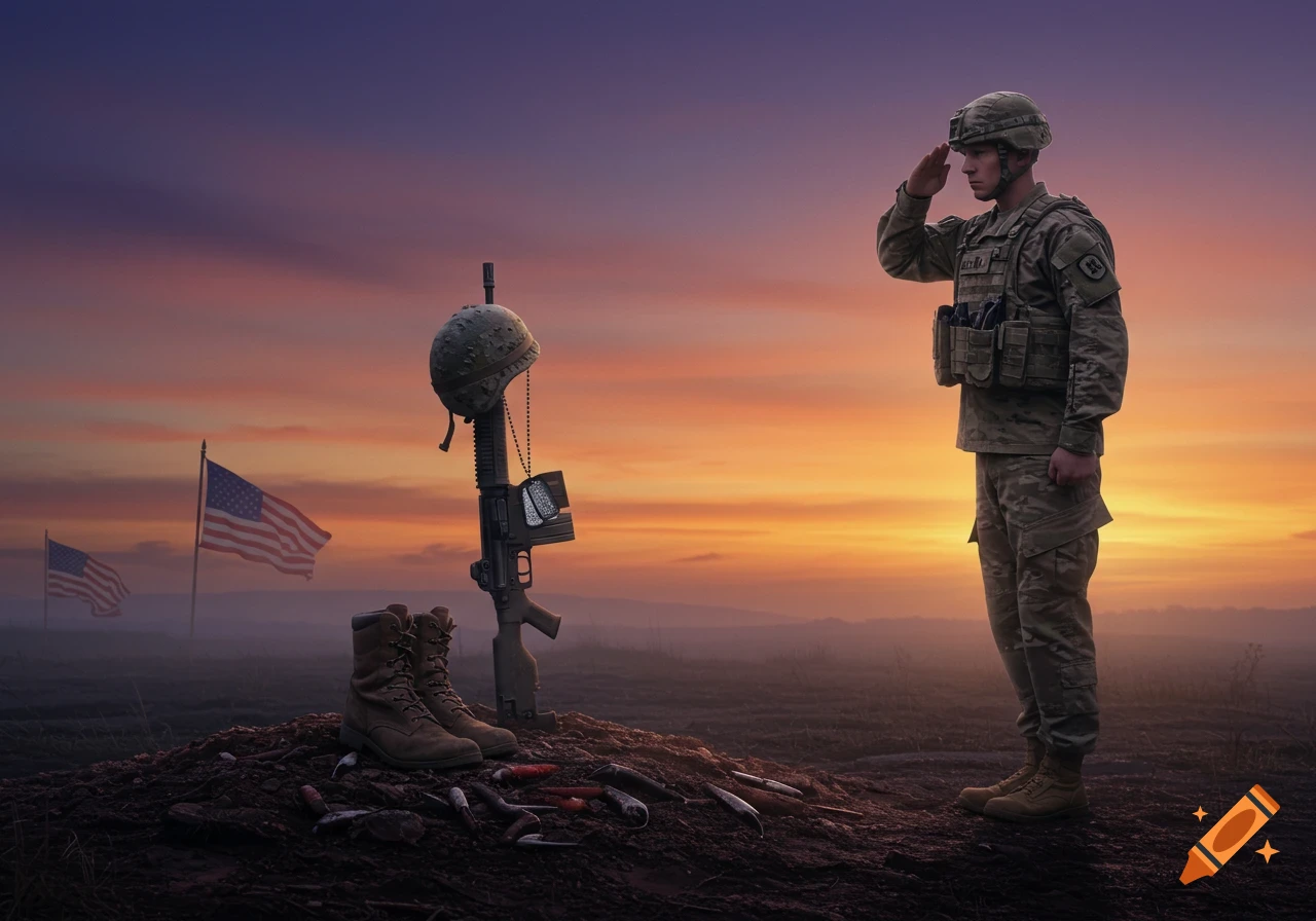 U.S. Army soldier salutes a battlefield memorial (rifle, helmet, boots) at sunset with American flags in the background. Digital painting.