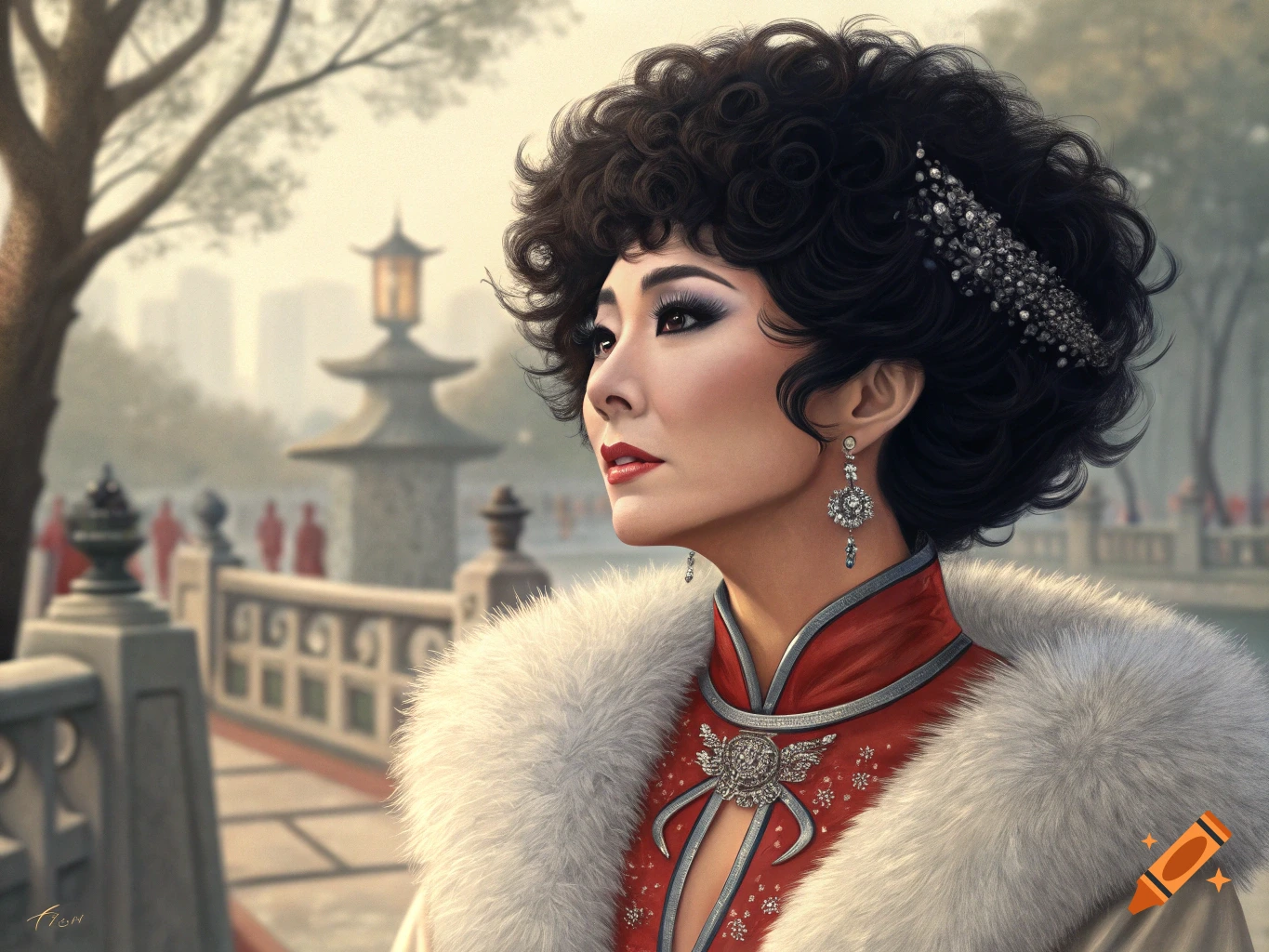 Portrait of an Asian woman in traditional attire, with an elaborate hairstyle, jewelry, and fur stole, against a backdrop of traditional architecture.