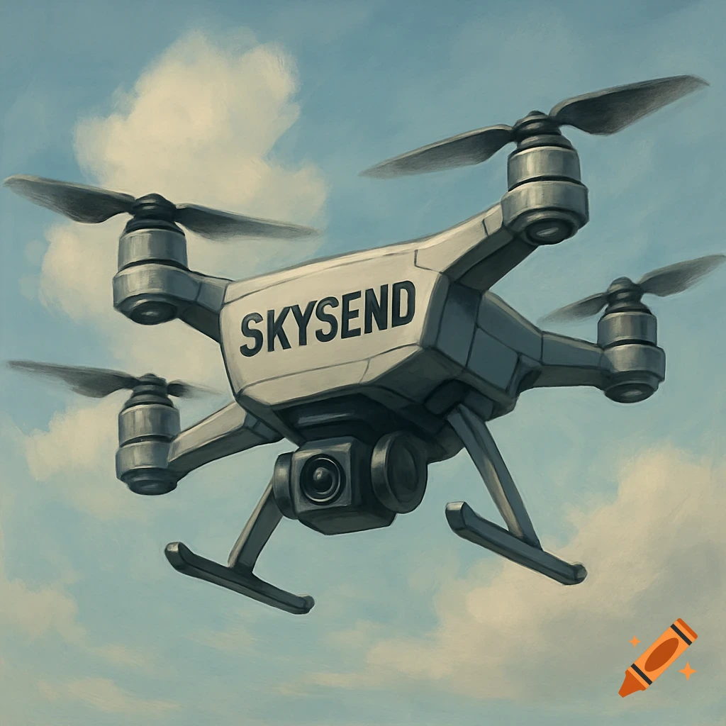 A drone labeled SKYSEND flying in a painted sky with clouds.