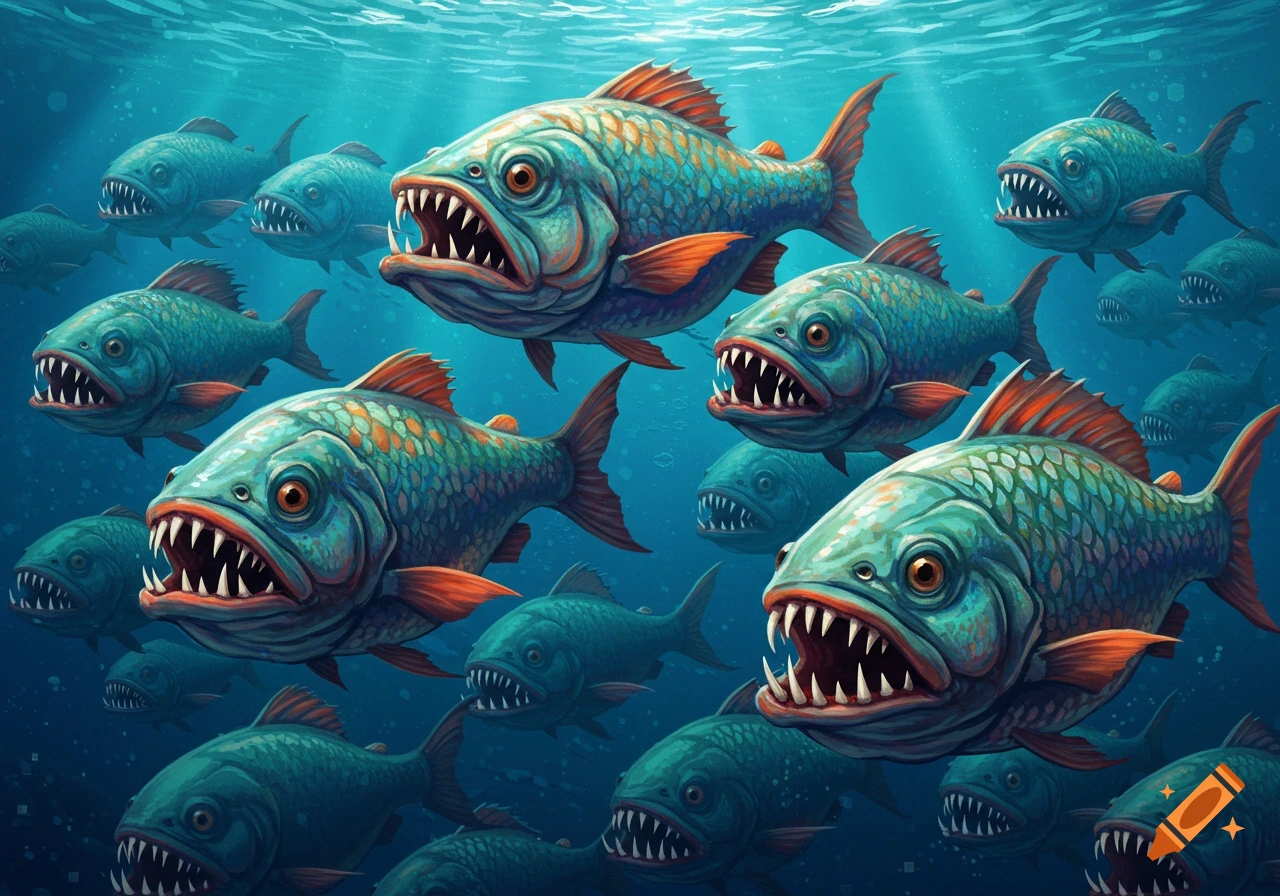A school of scary-looking fish with large human teeth swimming underwater.