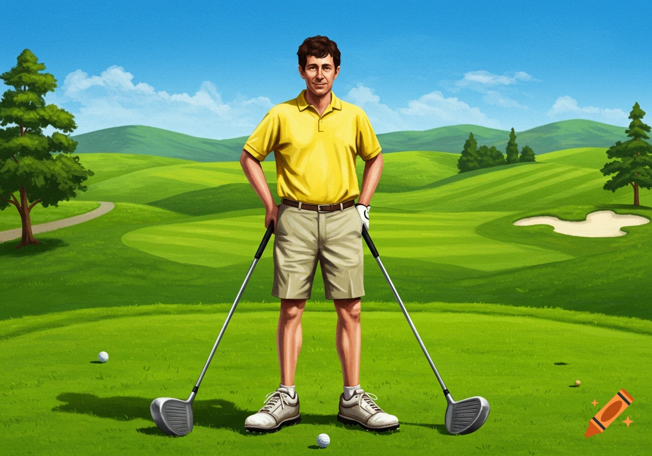 A man stands on a golf course holding golf clubs.