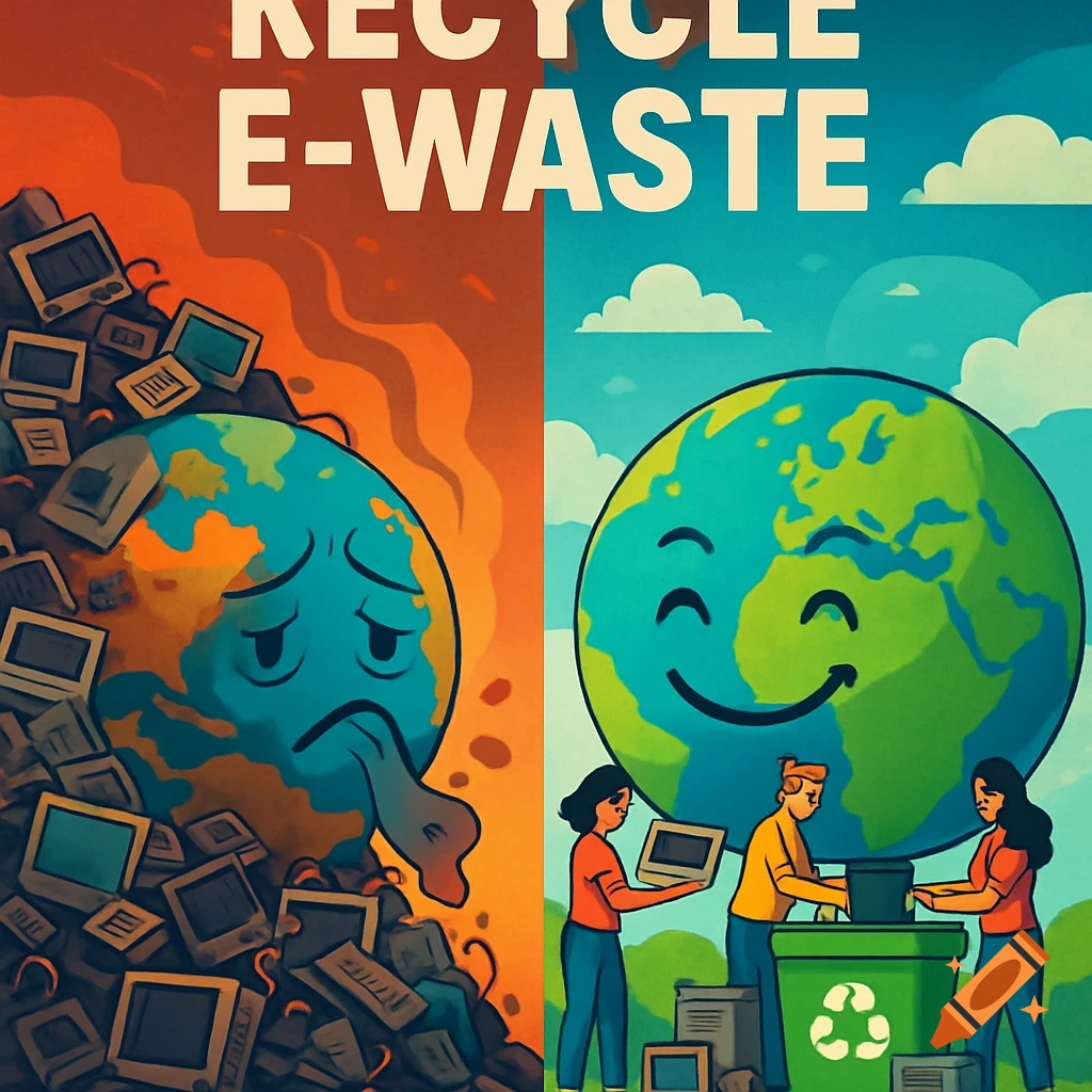 Poster split in half, one side shows sad Earth drowning in e-waste, the other shows happy Earth with people recycling. Text says 'RECYCLE E-WASTE'.