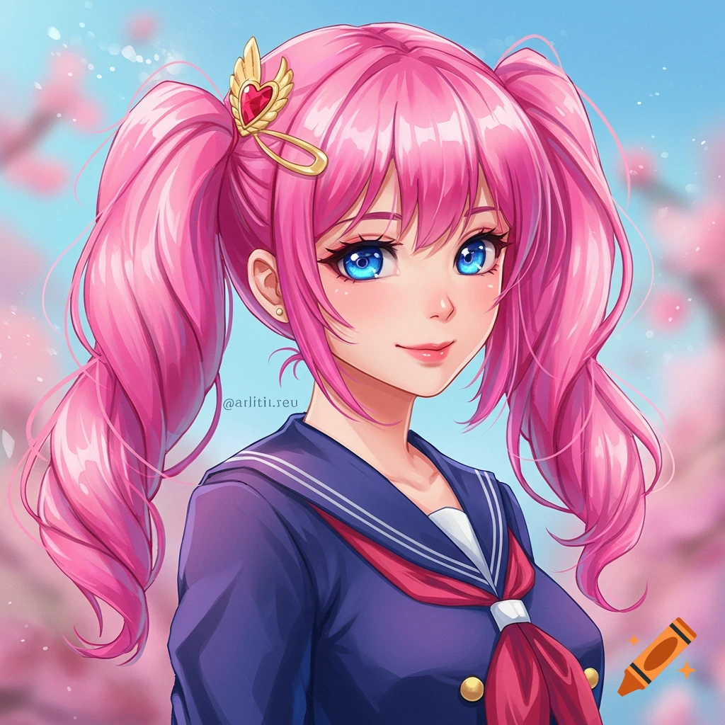 Anime portrait of a girl with pink hair and blue eyes in a school uniform, cherry blossoms in the background.