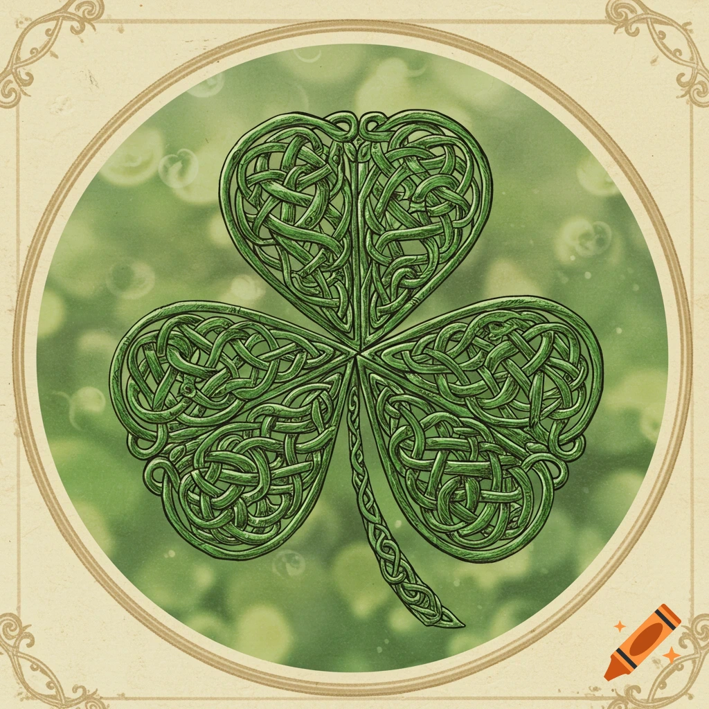 A green shamrock made of Celtic knots within a circular frame