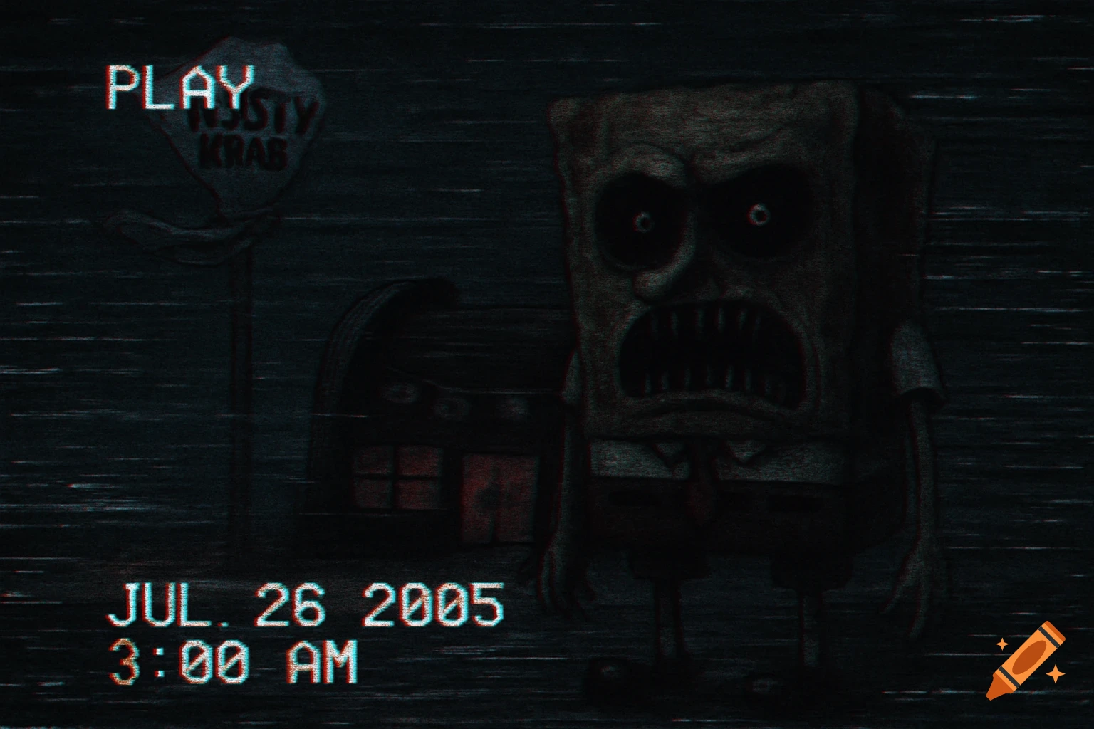 A creepy, distorted Spongebob stands near the Krusty Krab in a grainy, glitchy VHS horror style image with a timestamp.
