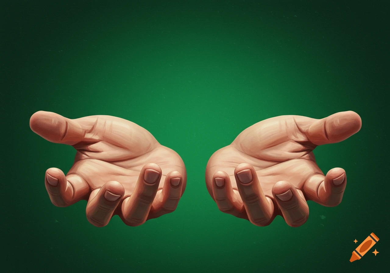 Two hands reach forward against a green background, illustration style.