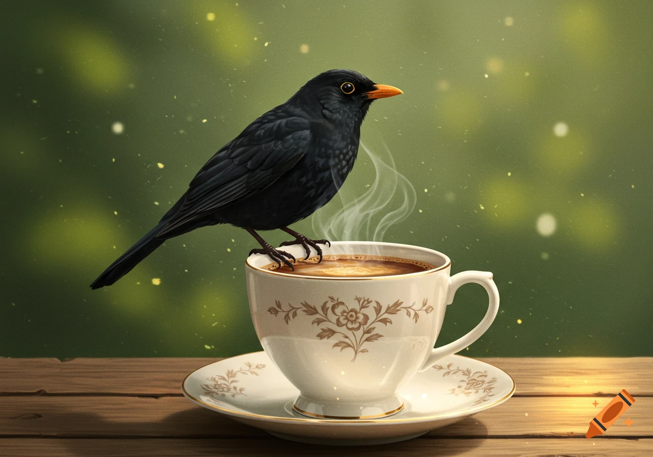 A blackbird perches on the rim of a steaming coffee cup and saucer on a wooden table.