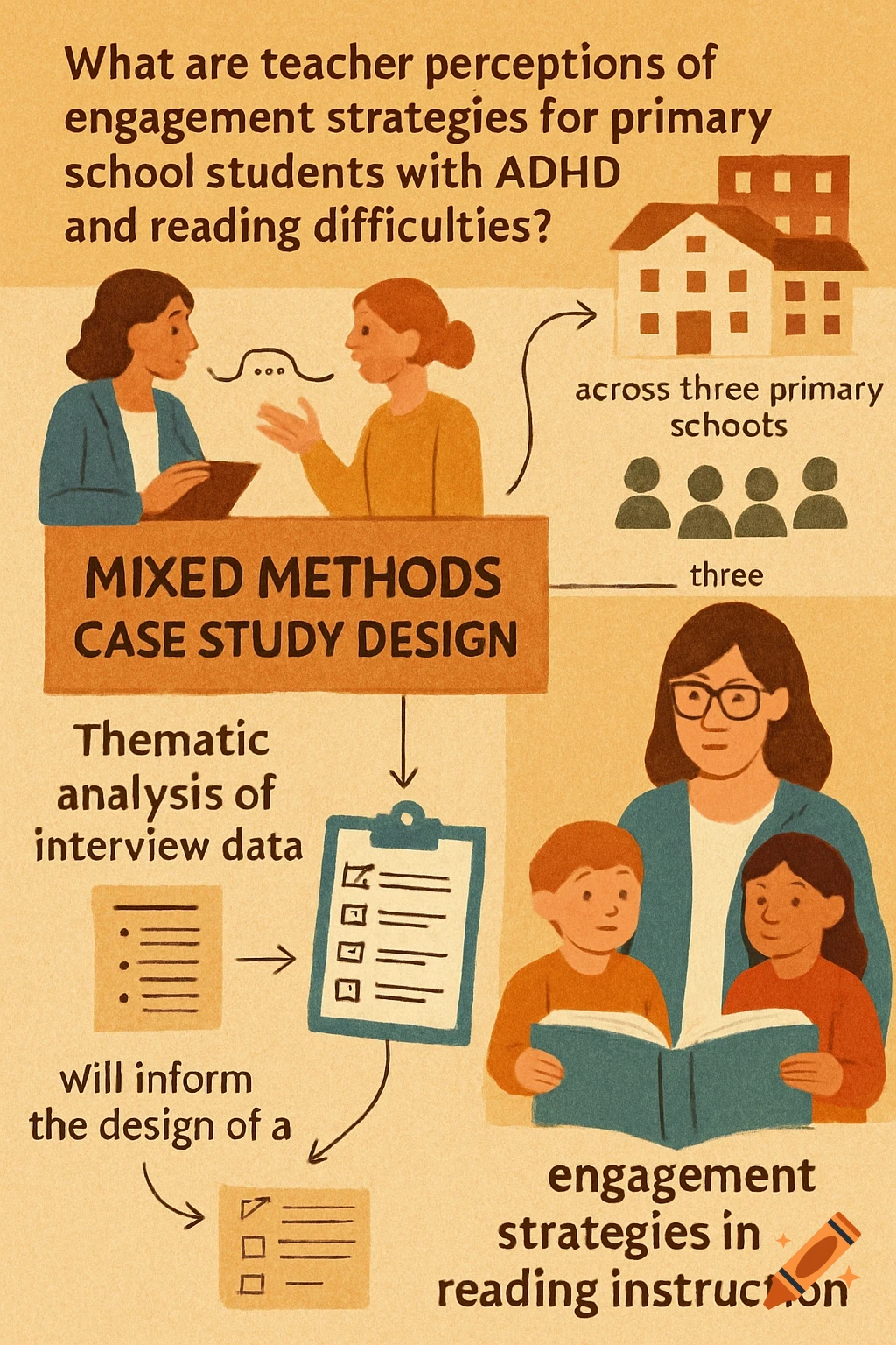 Illustration shows a diagram for a study on teacher perceptions of engagement strategies for students with ADHD and reading difficulties.