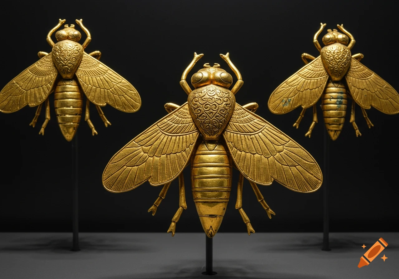 Three ornate golden ancient fly artifacts on stands against a dark background.
