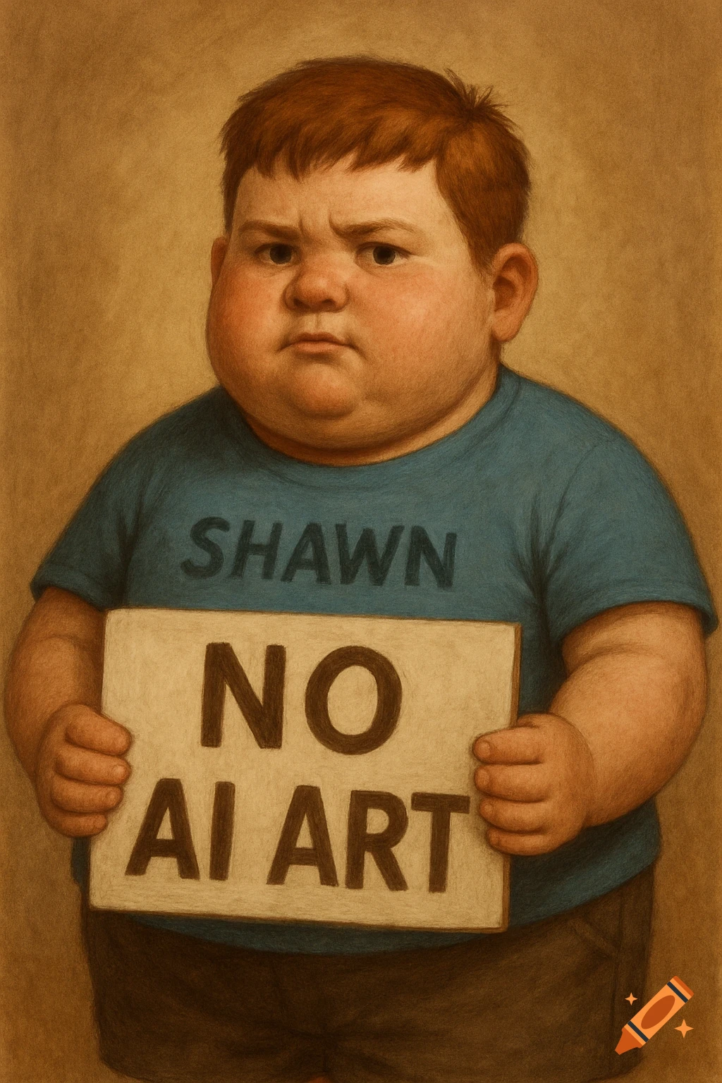 Illustration of a boy named Shawn holding a sign that reads NO AI ART.
