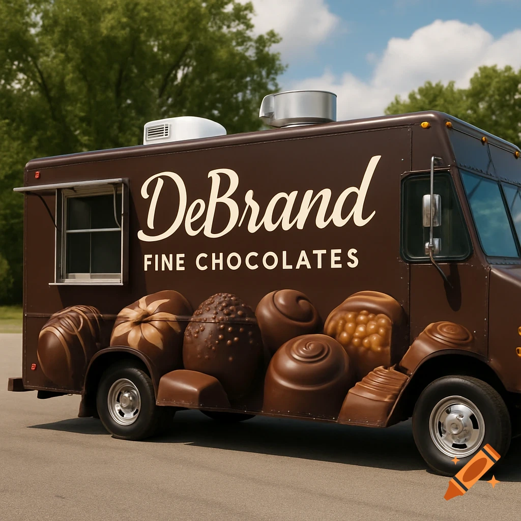 A brown food truck with 'DeBrand FINE CHOCOLATES' text and chocolate graphics on the side.