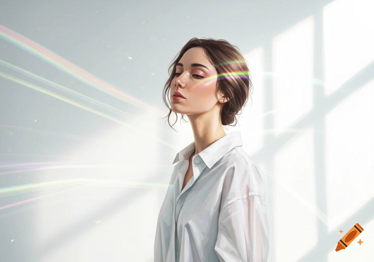 A serene portrait illustration of a woman in a white shirt with closed eyes, bathed in soft light and pastel light streaks.