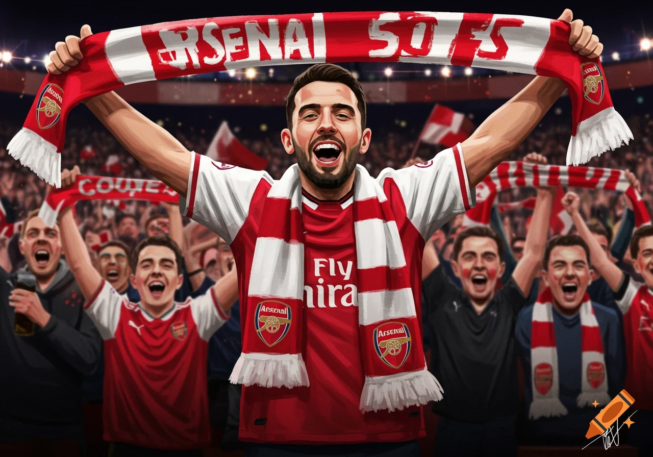 Stylized illustration of an Arsenal football fan holding a scarf in a stadium crowd.