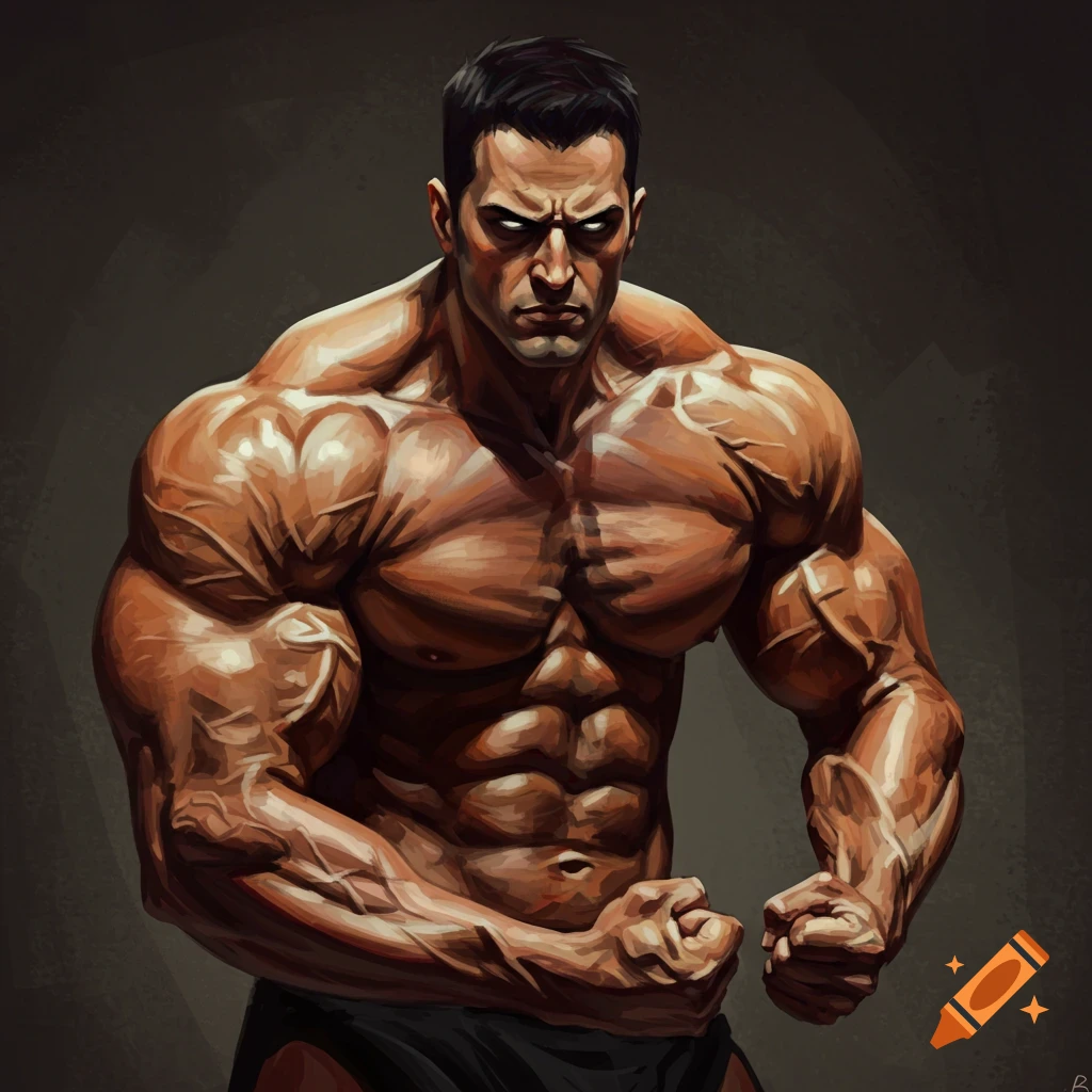 Painting of a muscular man with big biceps flexing