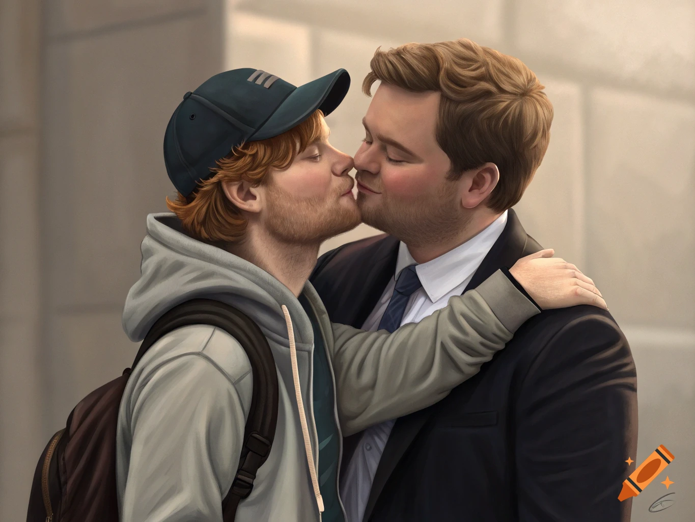Illustrative painting of two men resembling Ed Sheeran and JD Vance kissing.