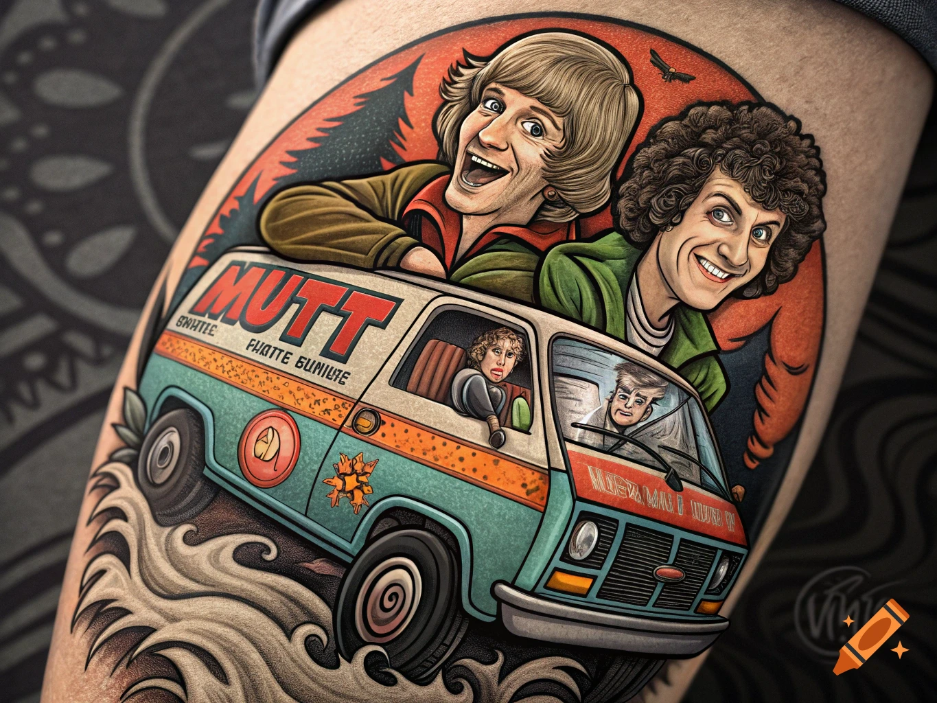 Ratfink style tattoo of two men in a van.