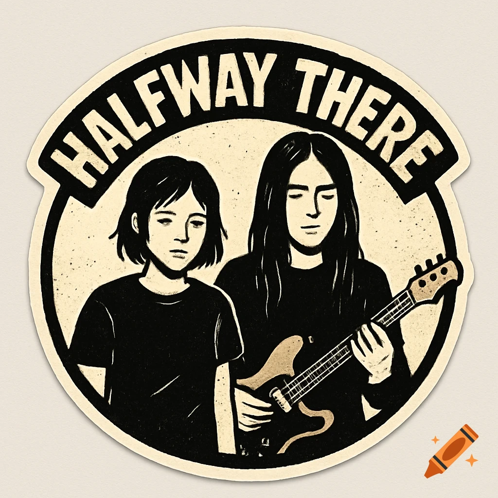 Circular sticker design with two figures representing band members and the text "HALFWAY THERE" above them in a distressed graphic style.