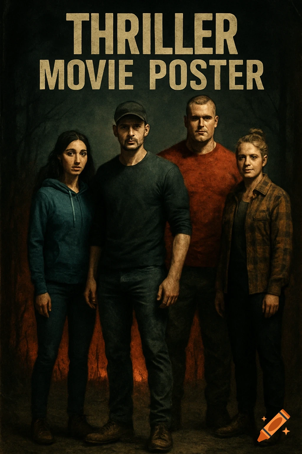 Thriller movie poster featuring four people standing against a dark background with text 'THRILLER MOVIE POSTER'.
