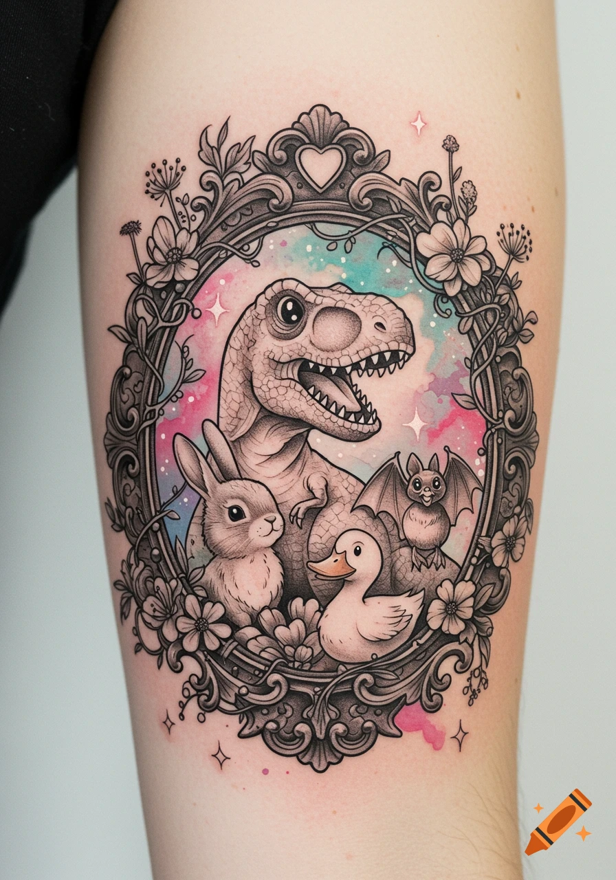 A fantasy tattoo design on an arm shows a Tyrannosaurus Rex, a rabbit, a duck, and a bat inside an ornate frame with flowers and vines, set against a watercolor background.