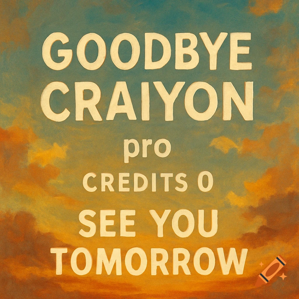 Text reads GOODBYE CRAIYON pro CREDITS 0 SEE YOU TOMORROW over a cloudy sky background.